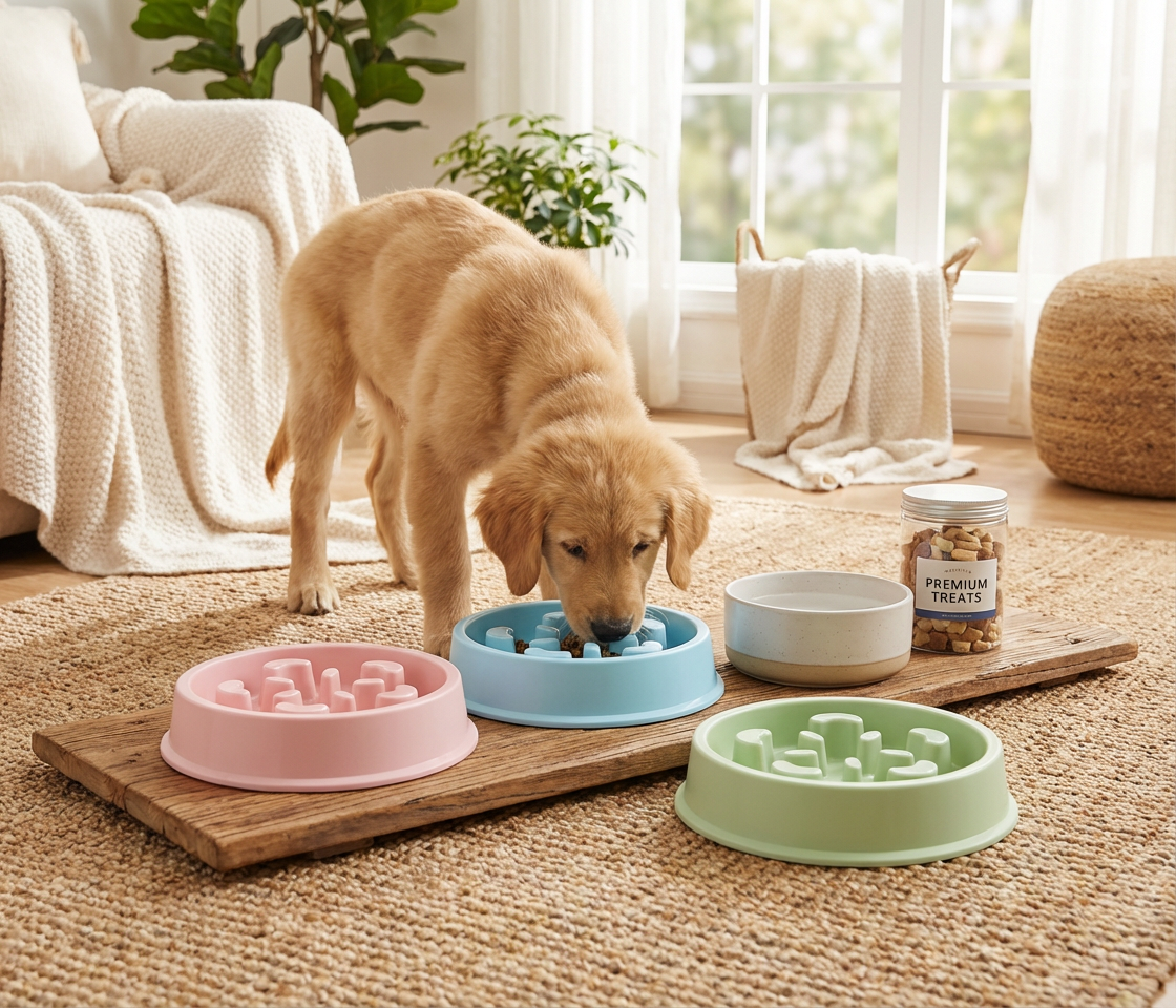 Dog eating from the Pawmimi Slow Feeder Bowl in a cozy home environment.