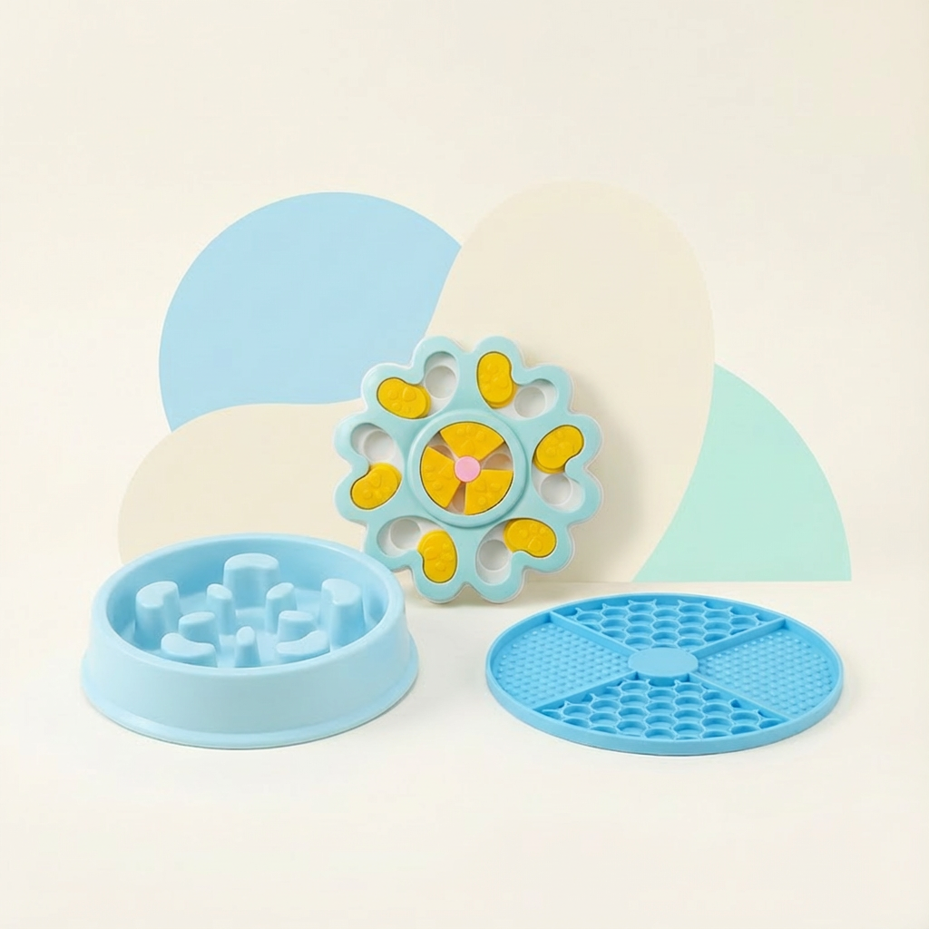 Blue Pawmimi slow feeder bowl, blue interactive puzzle feeder toy, and blue calming lick mat displayed in a soft pastel setup for dogs and cats.