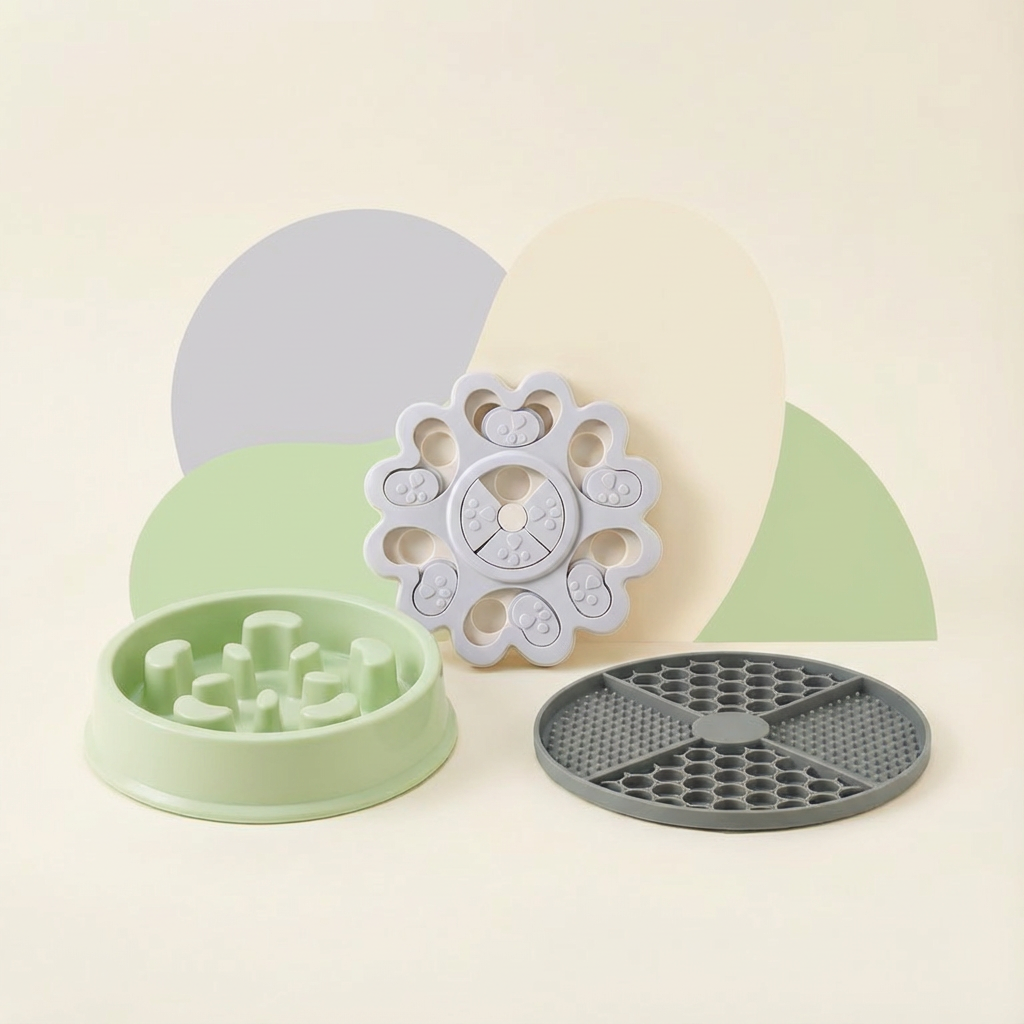 Green Pawmimi slow feeder bowl, grey calming lick mat, and neutral-coloured puzzle feeder toy set against a soft minimal pastel backdrop for dogs and cats.