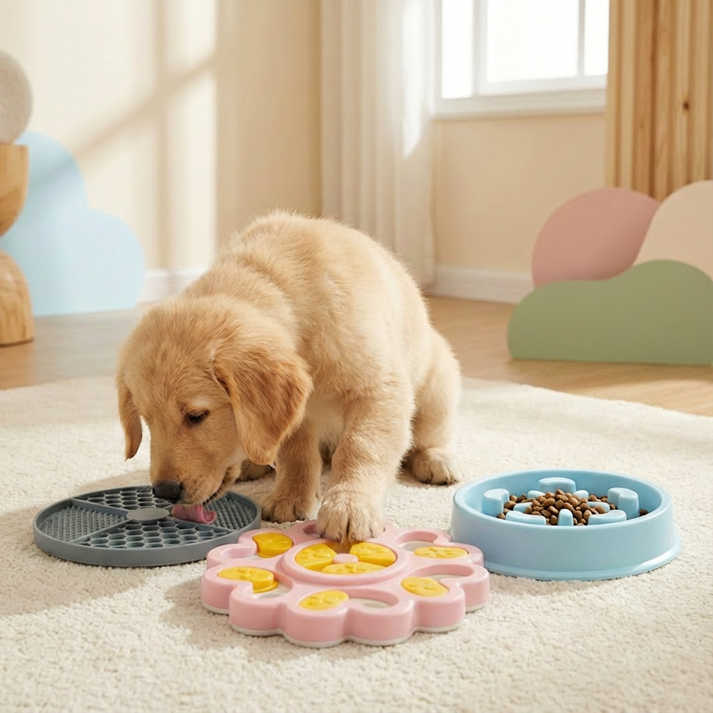 Golden retriever puppy using Pawmimi enrichment products, including a grey lick mat, pink puzzle feeder toy, and blue slow feeder bowl, designed to slow eating and promote calmer mealtimes.