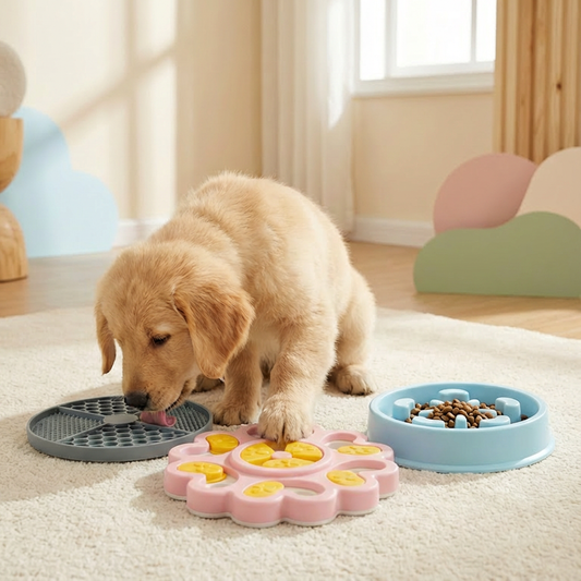 Golden retriever puppy using Pawmimi enrichment products, including a grey lick mat, pink puzzle feeder toy, and blue slow feeder bowl, designed to slow eating and promote calmer mealtimes.