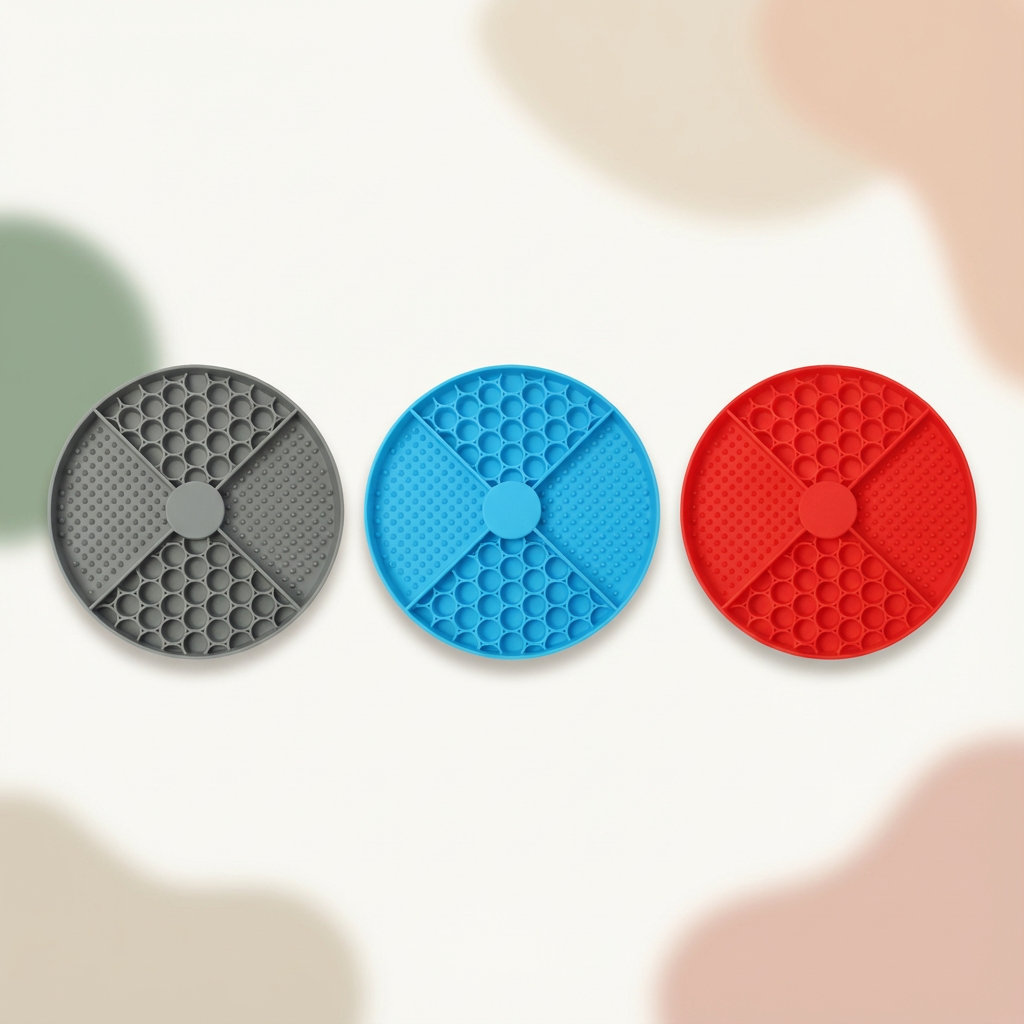 Pawmimi Calming Lick Mat shown in grey, blue and red colour variants