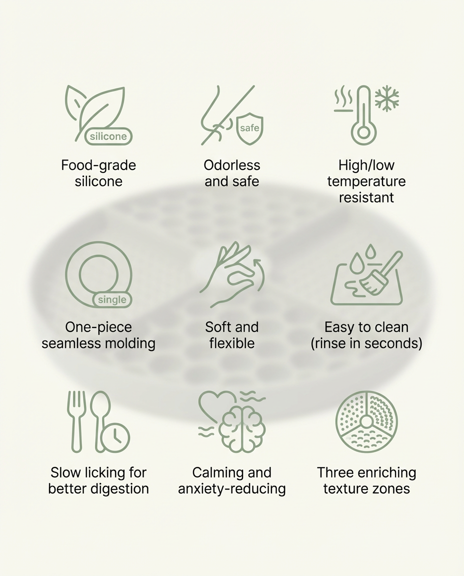 Benefits of the Pawmimi Calming Lick Mat including food grade silicone, calming, slow licking and easy to clean