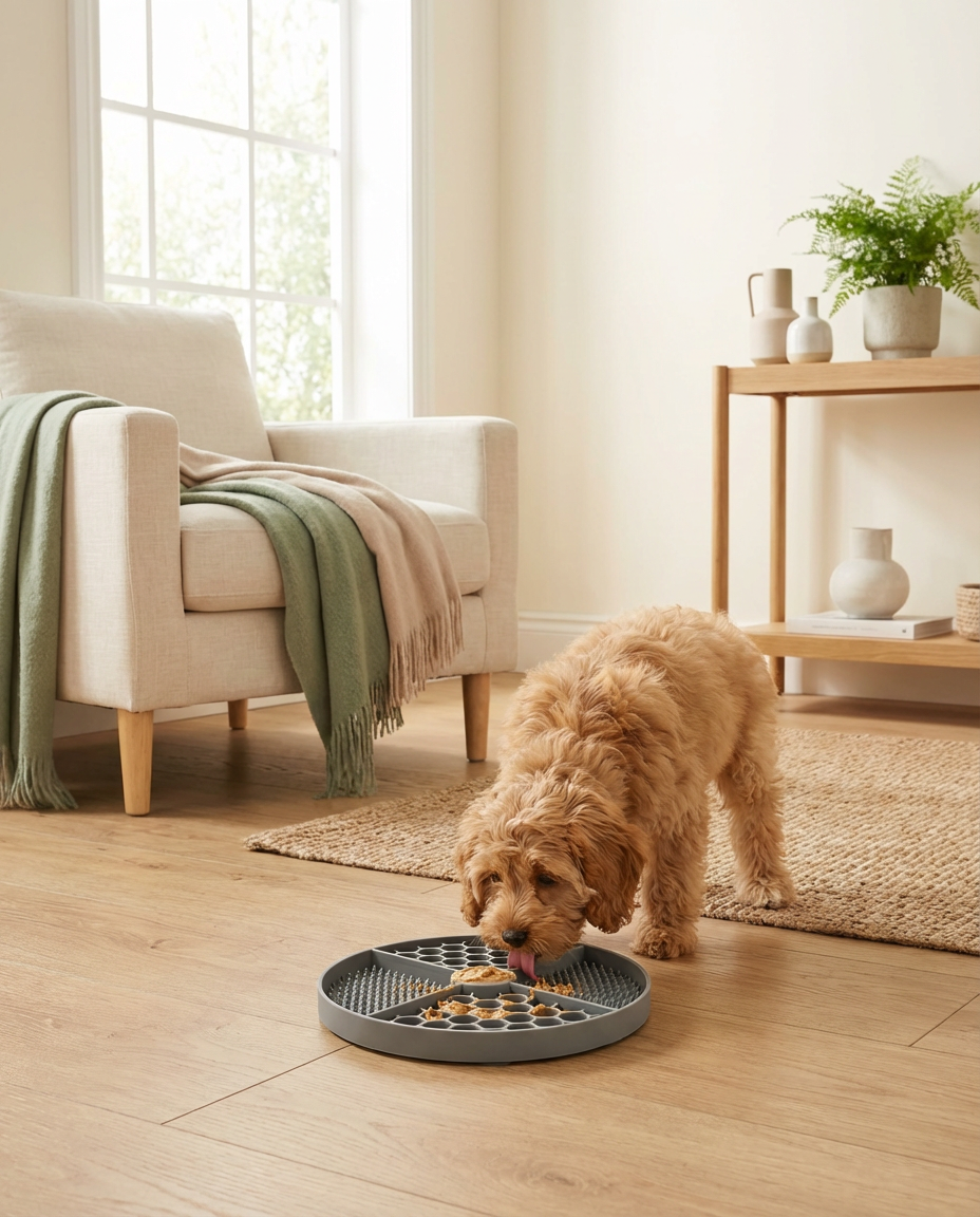 Dog using the Pawmimi Calming Lick Mat for slow licking and anxiety relief