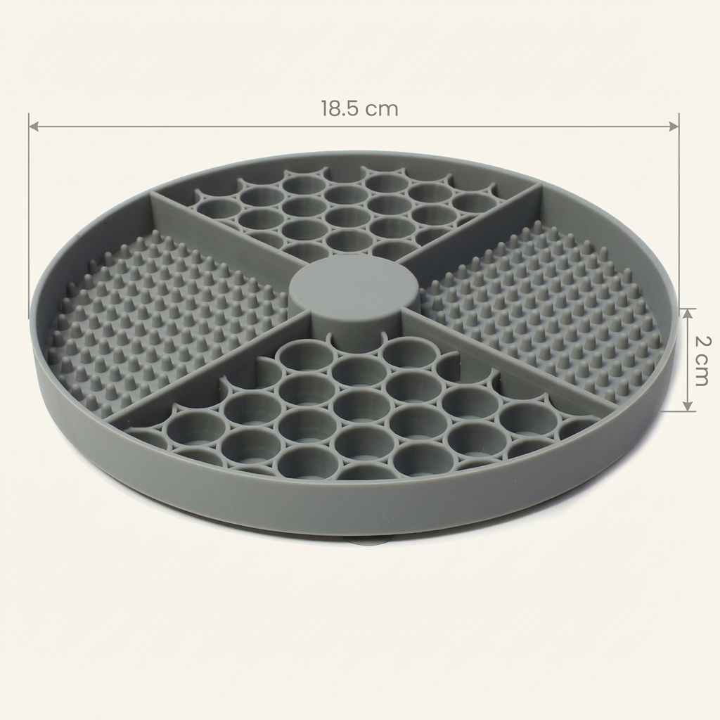 Pawmimi Calming Lick Mat dimensions showing 18.5 cm diameter and 2 cm height