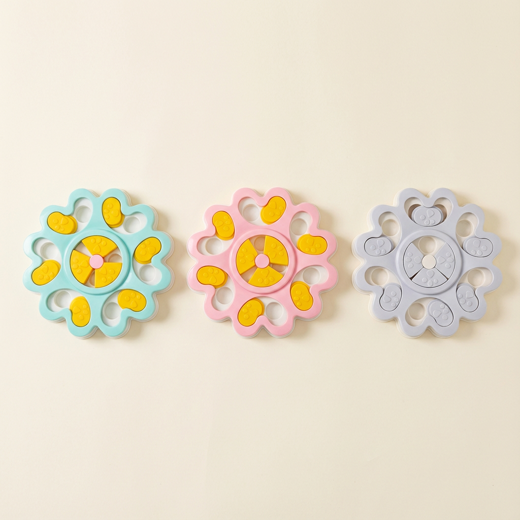 Pawmimi Puzzle Feeder in Soft Blue, Pastel Pink, and Light Gray displayed on a clean background.