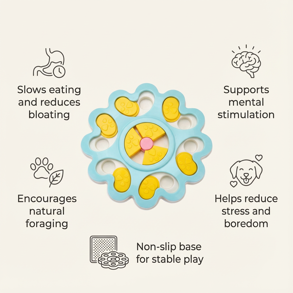 Benefits of the Pawmimi Puzzle Feeder, including slowing eating, reducing bloating, mental stimulation, natural foraging, and non-slip base.
