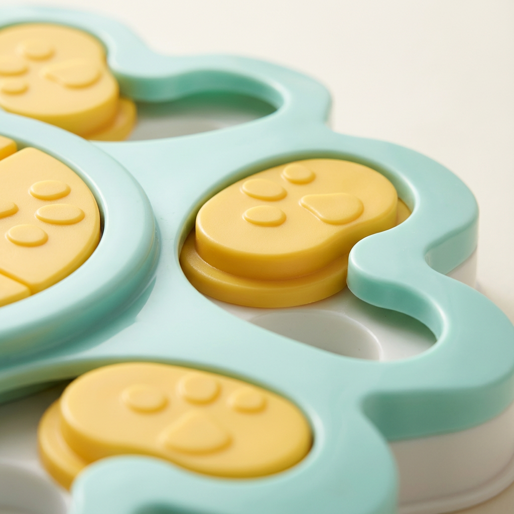 Close-up view of the Pawmimi Puzzle Feeder’s paw-shaped sliders and smooth plastic finish.