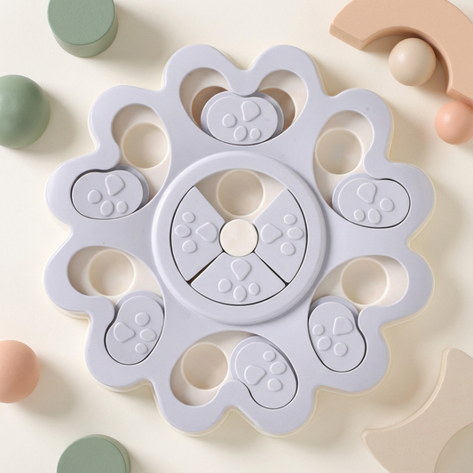 Pawmimi Puzzle Feeder Toy in soft blue on a warm cream background, premium hero image.