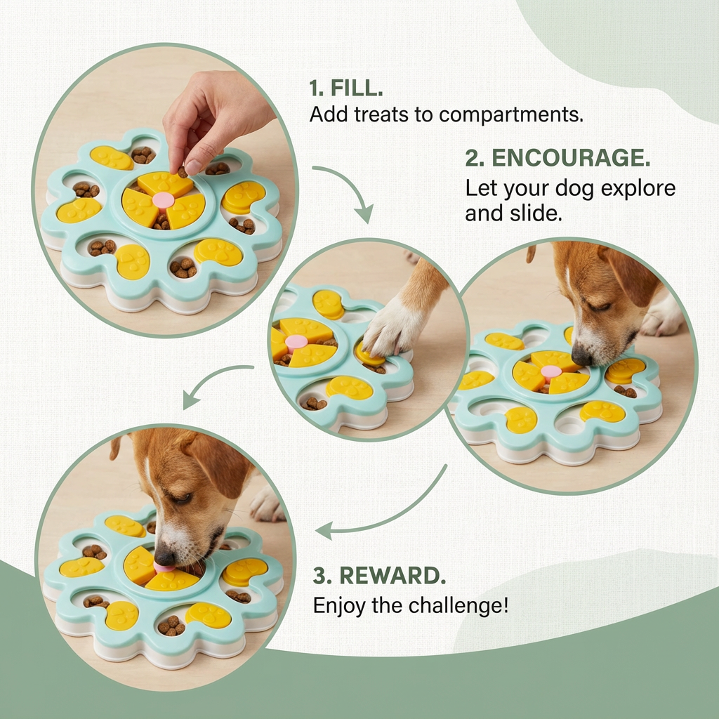 Step-by-step guide showing how to add treats and slide the paw covers for dogs to find food.
