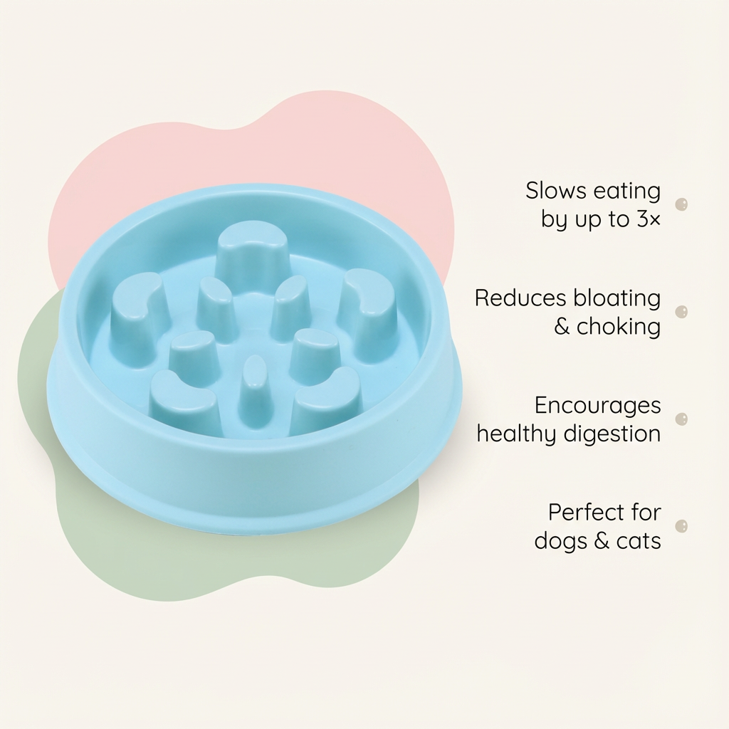 Benefits of the Pawmimi Slow Feeder Bowl including slowing eating, reducing bloating, encouraging digestion, and suitable for dogs and cats.