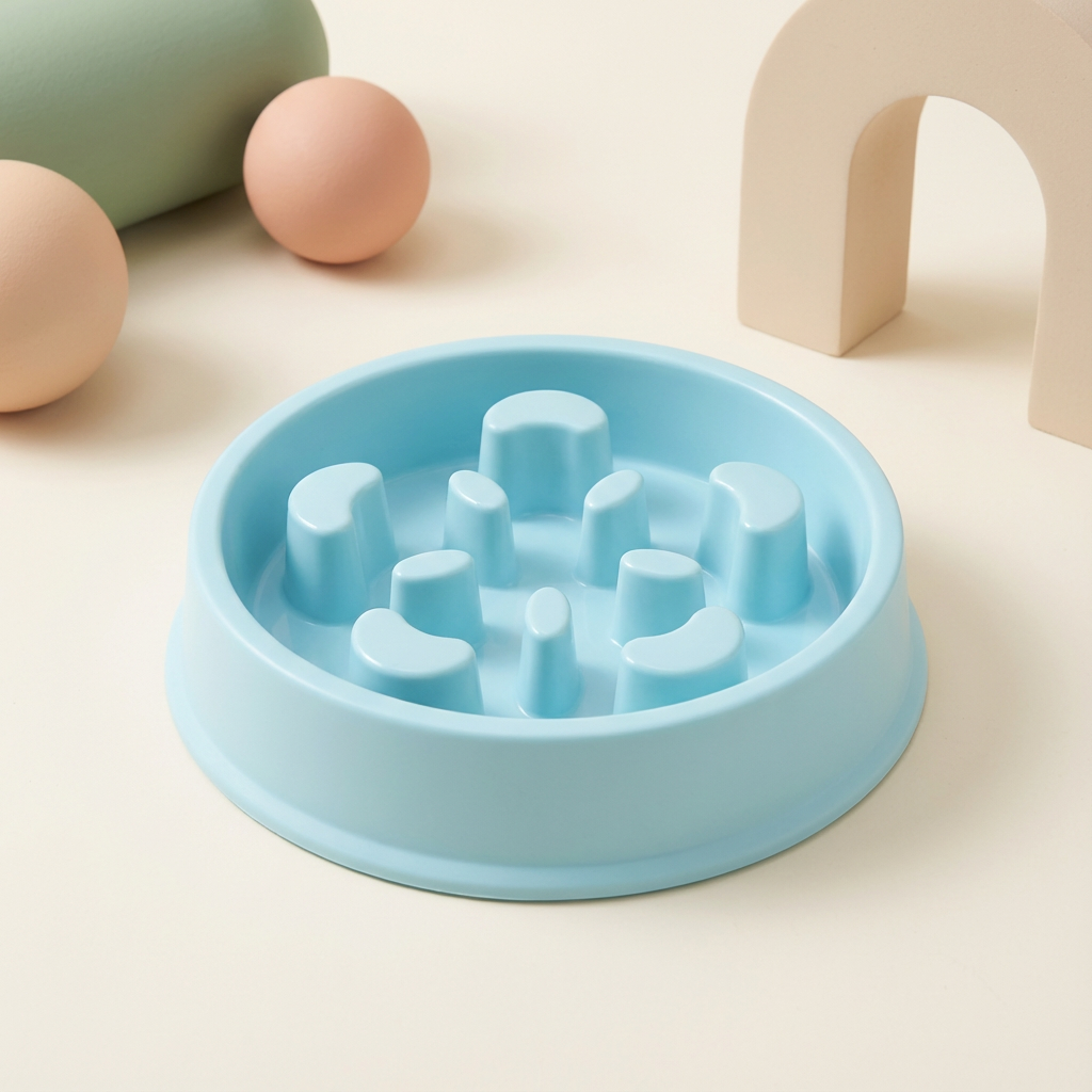 Pawmimi Slow Feeder Bowl in pastel blue on a warm cream background, premium hero image.
