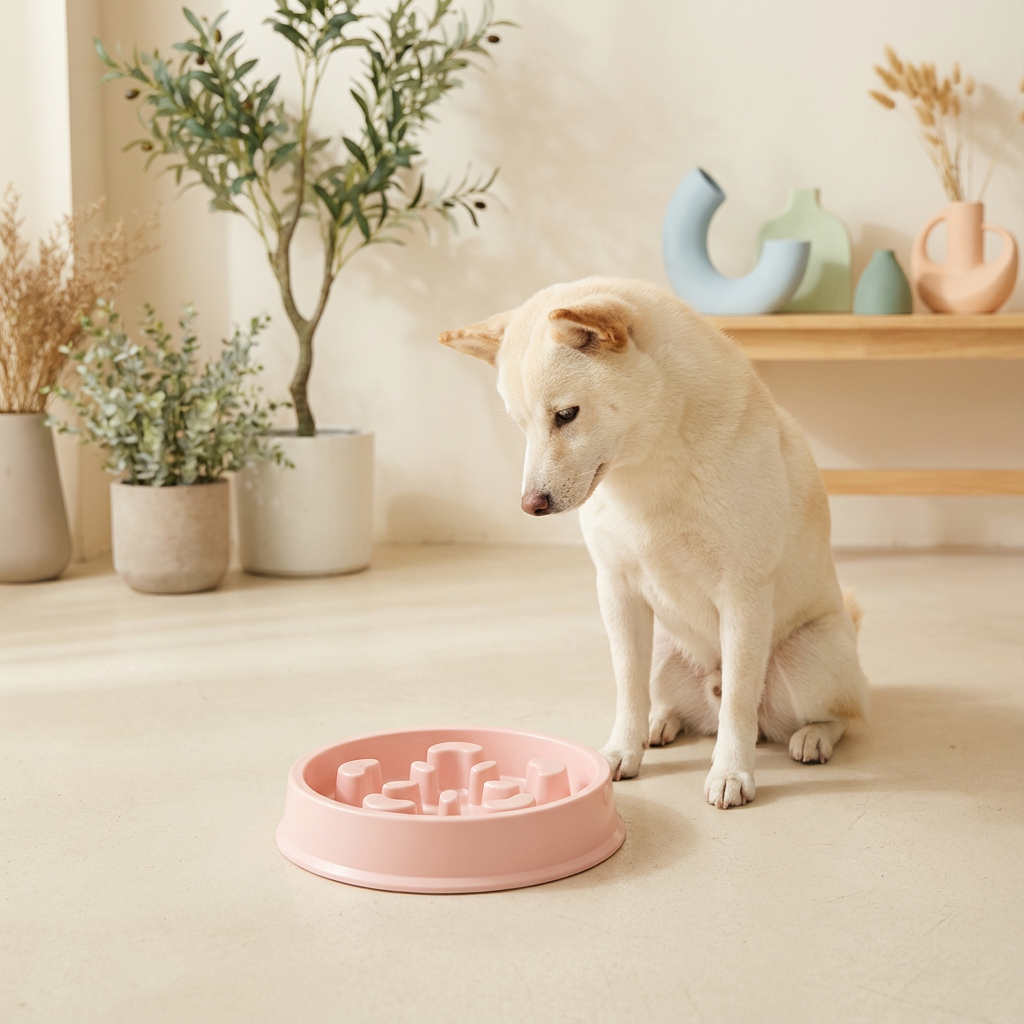 Dog looking at the Pawmimi Slow Feeder Bowl in a minimal Scandinavian-style room.